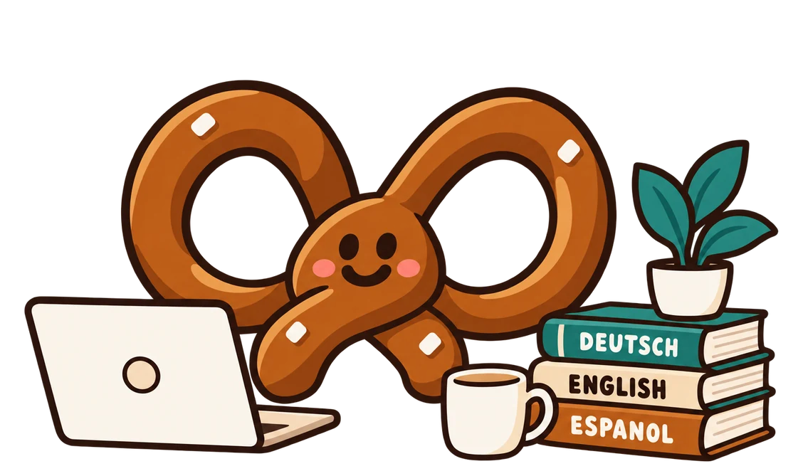 Pretzel lernt am Laptop neben Büchern auf Deutsch, Englisch und Spanisch